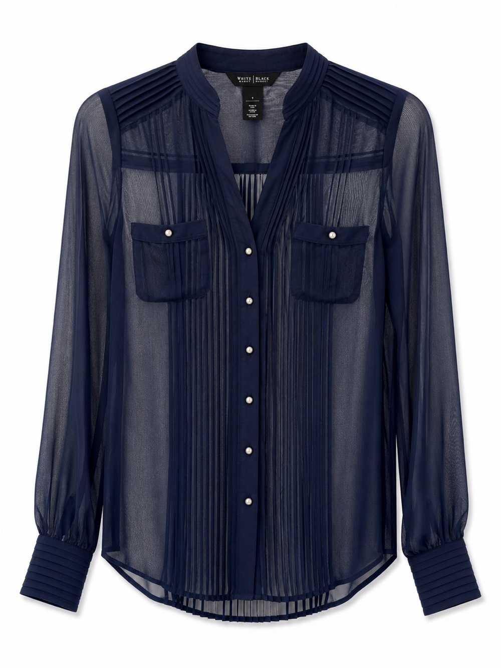 White House Black Market Navy Sheer Pintuck Button-Blouse